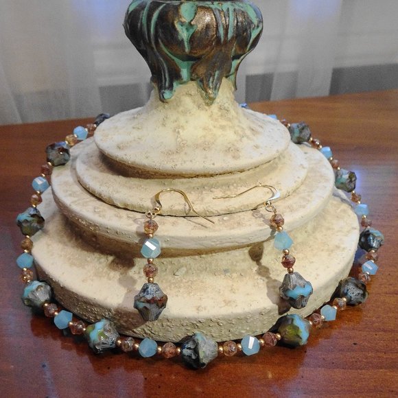 Handcrafted necklace-earring set with sky-blue Czech bicone beads - Picture 3 of 6